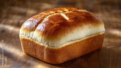 Freshly baked round bread loaf on wooden surface with soft lighting in kitchen