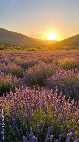 Sunlight shining through lavender fields during golden hour near a serene lan...