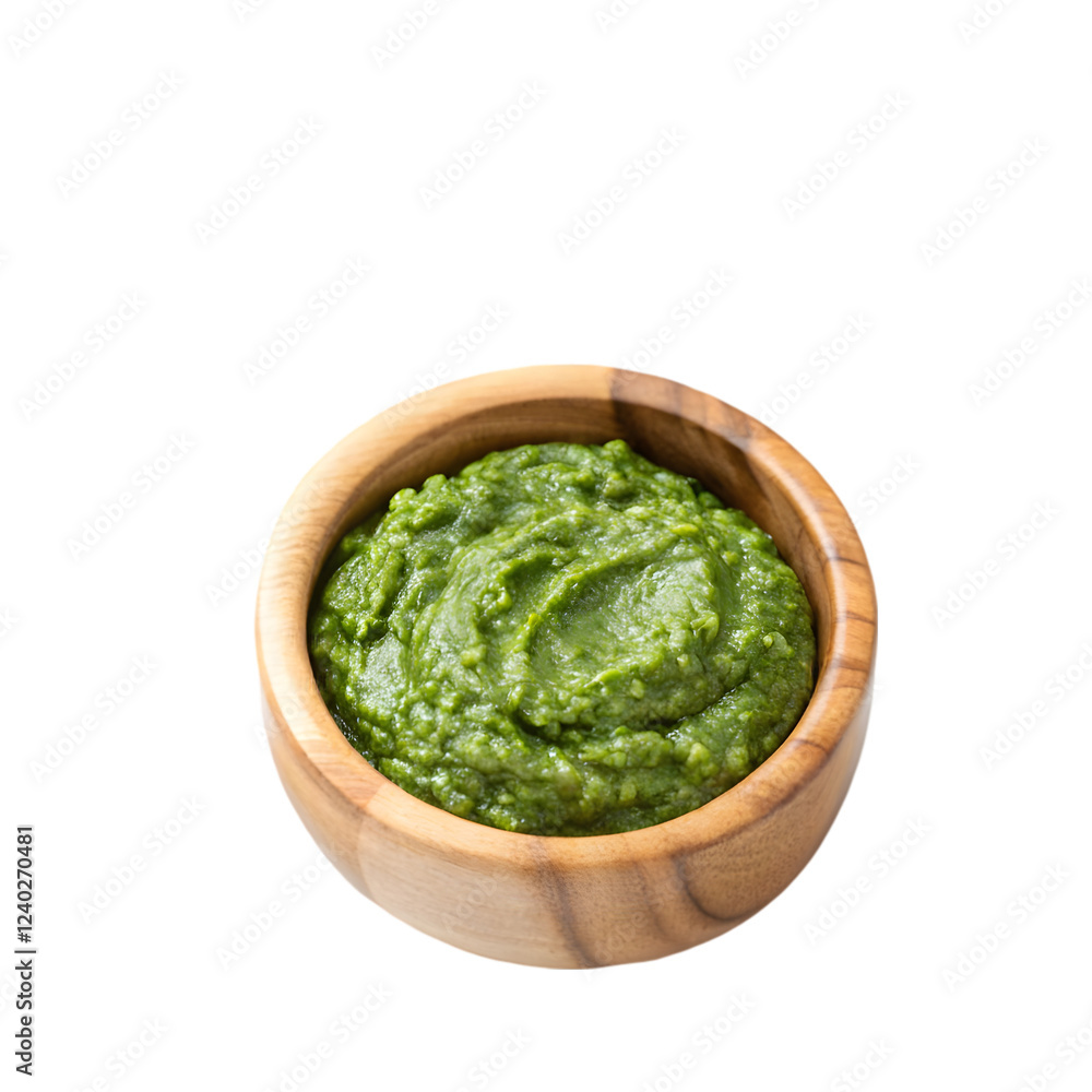 Pesto sauce on wooden bowl on transparent background Pesto sauce on wooden bowl on transparent background