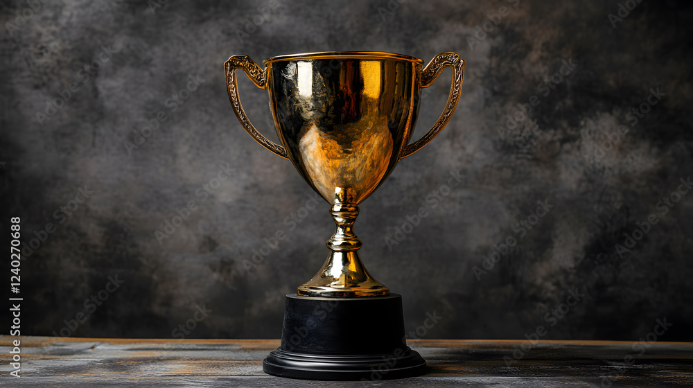golden trophy with ornate handles stands on dark textured background, symbolizing achievement and success. trophy reflective surface gleams under light, highlighting its elegance golden trophy with ornate handles stands on dark textured background, symbolizing achievement and success. trophy reflective surface gleams under light, highlighting its elegance