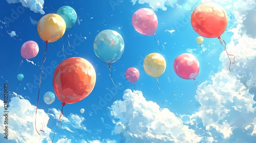 Colorful balloons floating in a bright blue sky with fluffy clouds on a sunny...