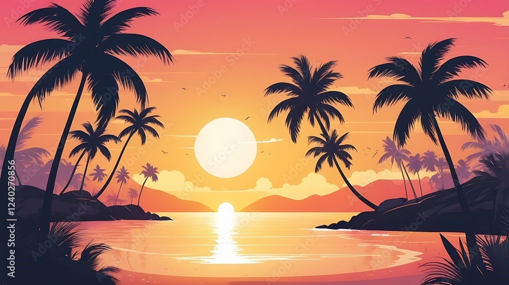 A summer vector beach scene with palm trees and a glowing sunset. A summer vector beach scene with palm trees and a glowing sunset.