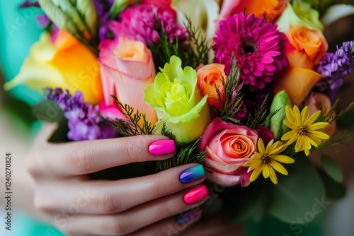 Colorful nails holding a vibrant bouquet of flowers in bright spring tones