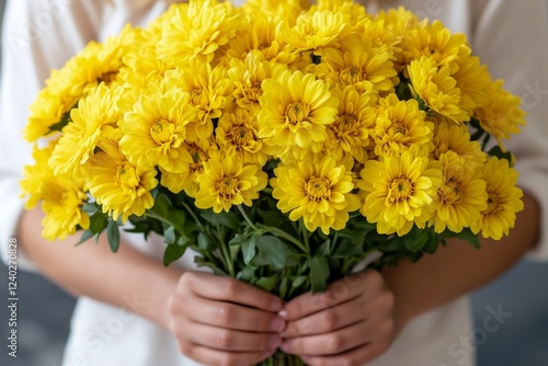 Bright yellow chrysanthemums held by a person against a soft background in a ...