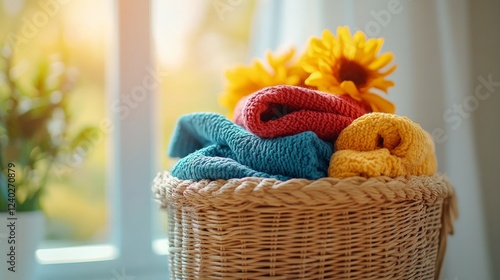 Cozy knitted blankets arranged in a wicker basket in a warm living room setting