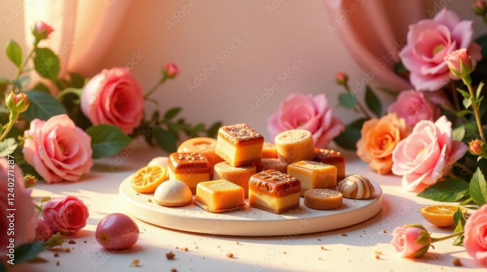 A delightful assortment of creamy caramel confections, elegantly arranged on a pristine plate, is surrounded by a vibrant array of delicate pink roses, bathed in the warm glow of sunlight. A delightful assortment of creamy caramel confections, elegantly arranged on a pristine plate, is surrounded by a vibrant array of delicate pink roses, bathed in the warm glow of sunlight.