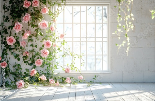 Beautiful floral arrangement with pink roses around a bright window in a cozy...