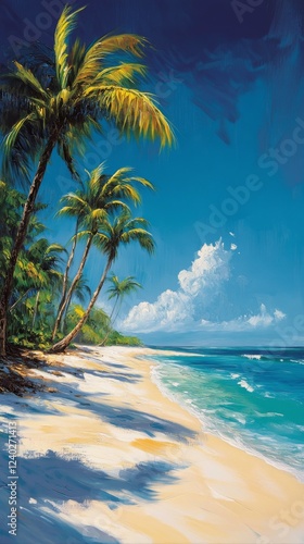 Vibrant tropical beach with palm trees and clear blue sky in a peaceful coast...