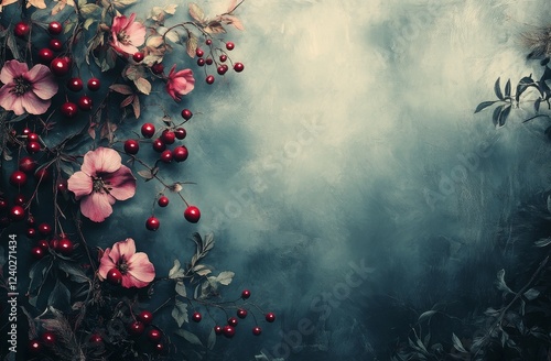 Decorative arrangement of red leaves and berries on textured background for s...