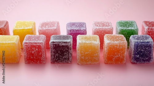 Colorful gummy candies arranged on a pink background in a creative and appeal...