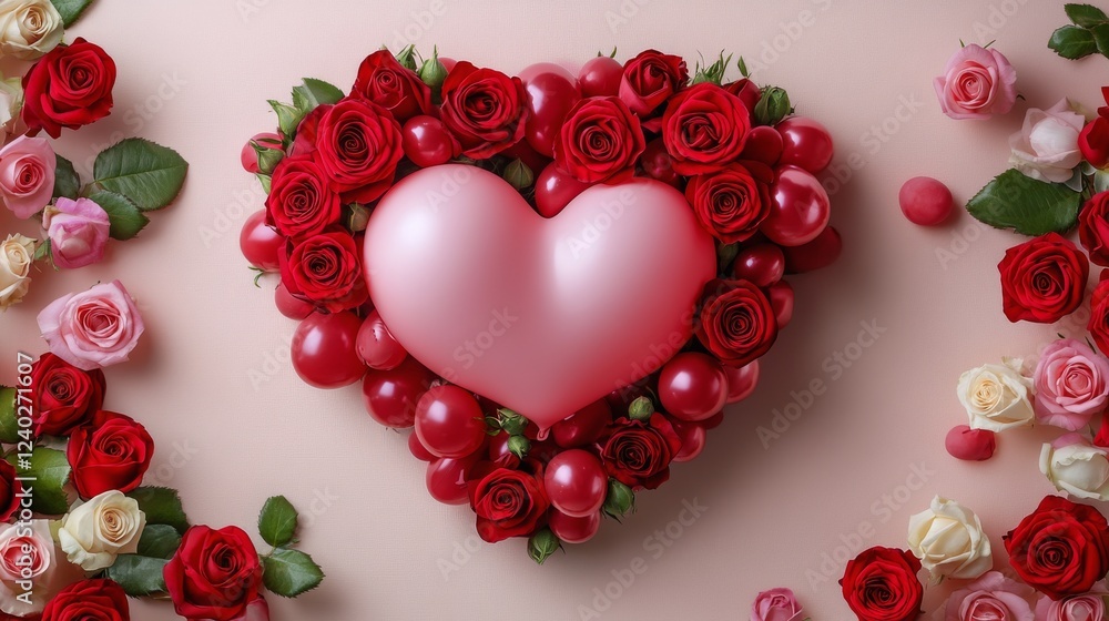 Heart-shaped decoration surrounded by red and pink roses and decorative pearls for a romantic setting Heart-shaped decoration surrounded by red and pink roses and decorative pearls for a romantic setting