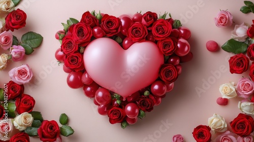 Heart-shaped decoration surrounded by red and pink roses and decorative pearl...