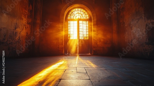 Warm sunlight streams through an old doorway illuminating a rustic space with...