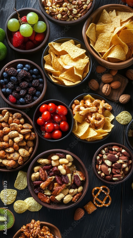 Snack assortment displayed in bowls at a gathering showcasing various flavors and textures Snack assortment displayed in bowls at a gathering showcasing various flavors and textures