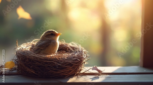 Nesting bird enjoying sunlight by the window in a cozy indoor setting