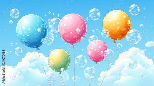 Colorful balloons and bubbles floating against a clear blue sky during a fest...