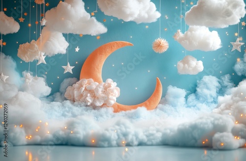 Dreamy pink clouds and moon shining in a starry night sky
