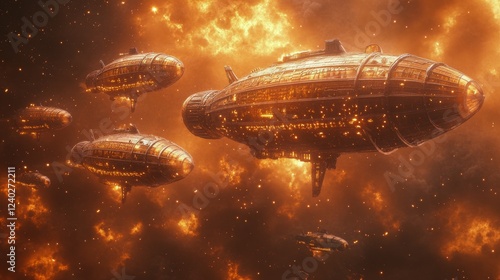 Futuristic airships navigating through a fiery cosmic landscape amid swirling...