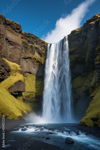 waterfall in the middle of a rocky area with a blue sky