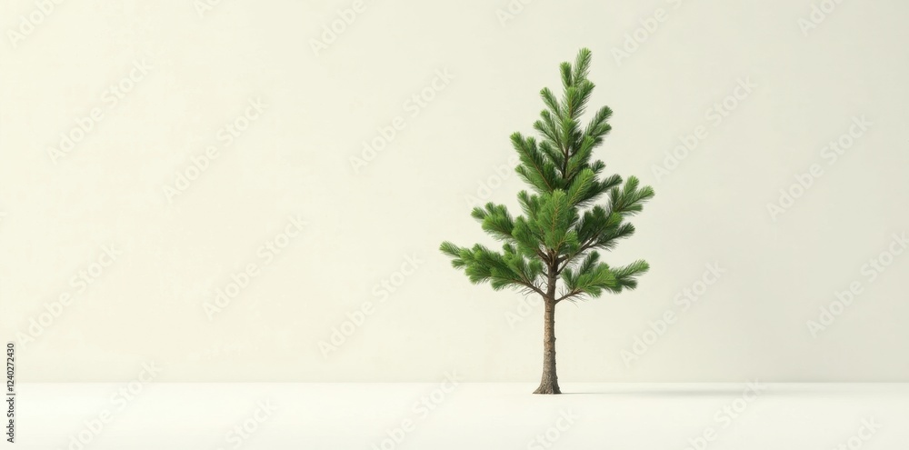 Obraz premium A Single Young Evergreen Tree on a Neutral Background, Ideal for Nature-Themed Designs and Projects that Need a Simple, Elegant, and Clean Visual