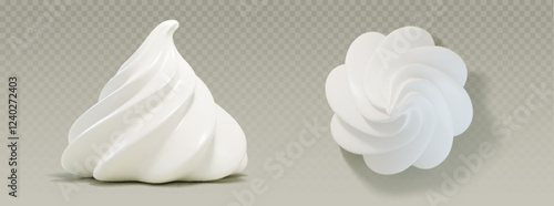 Whipped cream 3d elements top and side view - realistic soft swirled dairy topping with smooth texture and delicate peaks. Sweet food decoration on transparent background. Twirled custard icing.