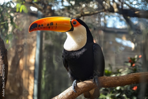 Colorful toucan perched on a branch in a vibrant nature habitat during daylight