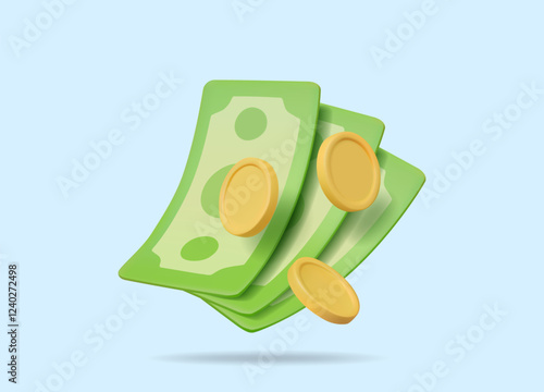 3D vector render illustration of green banknote and gold coin icon minimalist concept of cash, payment, income and wealth including financial transactions, investment, economy, business, banking.