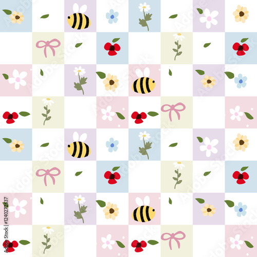 Vector pattern of fabric, wallpaper, wrapping paper, mats and bed sheets. Continuous in various sizes and repeatable. Cute style. Plaid pattern decorated with cute flowers and bees.