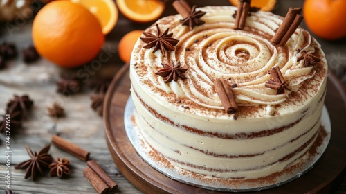 Deliciously crafted cake topped with fresh spices and orange slices on a rust...