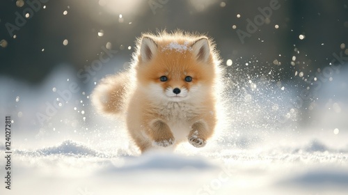 Cute fox cub running playfully through fresh snowfall on a winter day