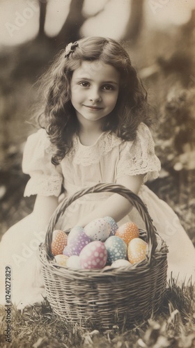 Young child holding a basket of decorative eggs in a garden setting during sp...