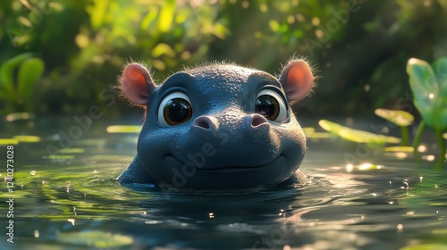 Curious hippo peeks from the water surrounded by lush greenery in the afterno...