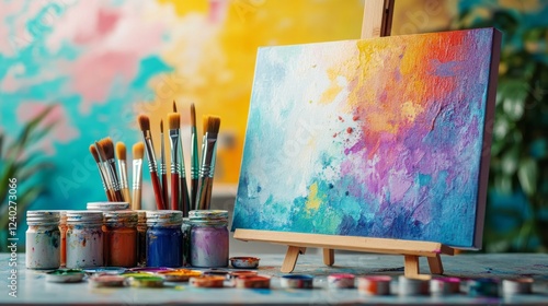 Colorful painting setup with brushes and paints in bright, creative studio en...