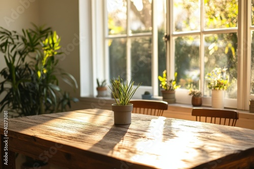 Bright and inviting indoor space with potted herbs on a wooden table near a s...