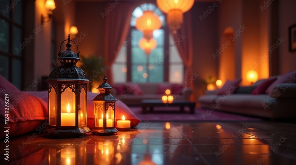 Fototapeta premium Illuminated Interior Ornate Lanterns Cast a Warm Glow on Polished Floor in a Cozy Living Room Setting