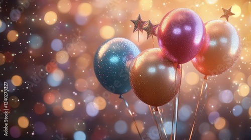 Colorful balloons with glitter and stars for a festive celebration backdrop
