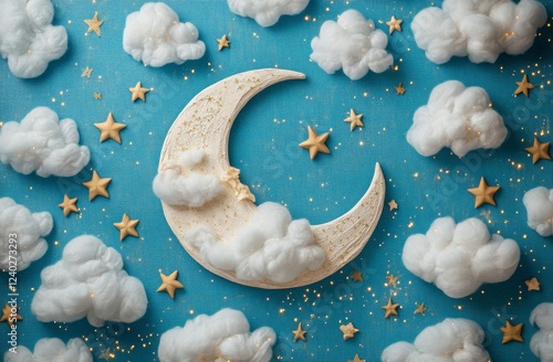 Dreamy pink clouds and moon shining in a starry night sky