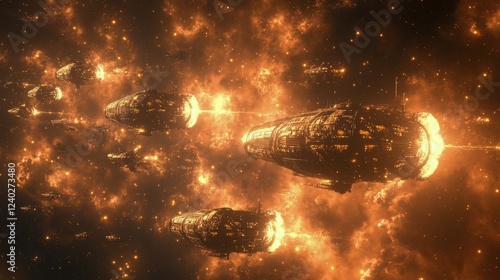 Futuristic airships navigating through a fiery cosmic landscape amid swirling...