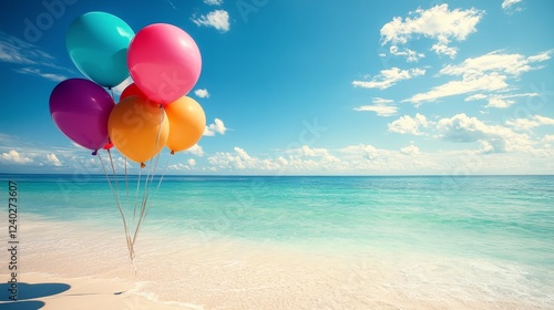 Colorful balloons resting on a serene beach under a bright blue sky with fluf...