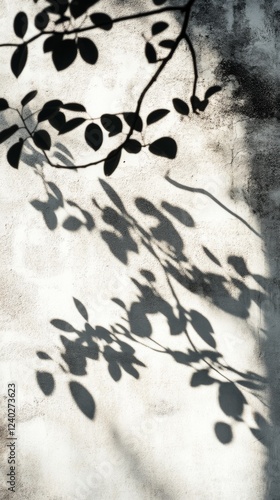Shadows of leaves cast on a white wall create an artistic pattern in natural ...