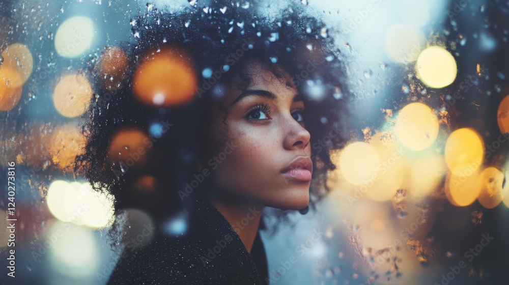 Thoughtful gaze through raindrop-streaked glass, capturing a contemplative moment amidst vibrant city bokeh lights. Thoughtful gaze through raindrop-streaked glass, capturing a contemplative moment amidst vibrant city bokeh lights.