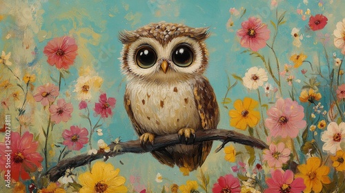 Cute owl perched on a branch surrounded by blooming flowers in a magical gard...