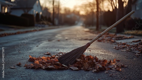 A broom lies amid scattered leaves on a quiet suburban street at sunset, embodying cozy autumnal tranquility.