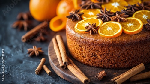Deliciously crafted cake topped with fresh spices and orange slices on a rust...
