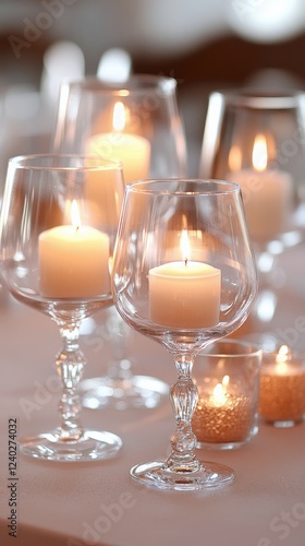 Elegant candlelight dinner setup with glasses and candles creating a warm atm...