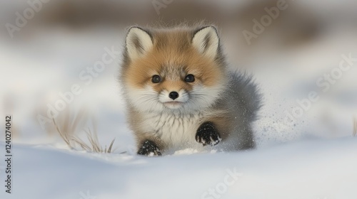 Cute fox cub running playfully through fresh snowfall on a winter day