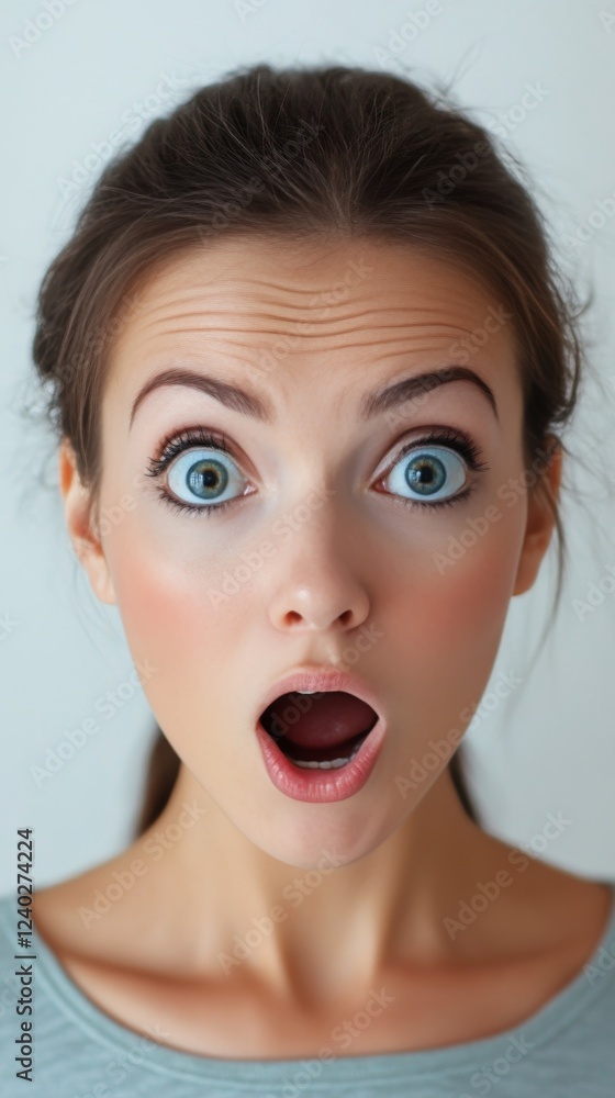 Surprised woman with wide eyes and open mouth expressing astonishment in a neutral setting Surprised woman with wide eyes and open mouth expressing astonishment in a neutral setting