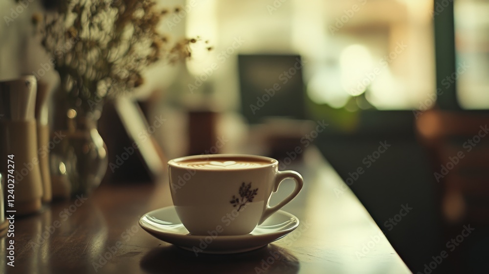 Fototapeta premium A delicate coffee cup sits on a wooden table, framed by gentle natural light and rustic decor, evoking warmth and peaceful solitude.