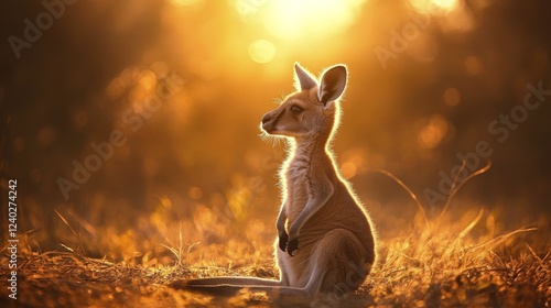 Kangaroo silhouette against a stunning sunset in golden light at dusk