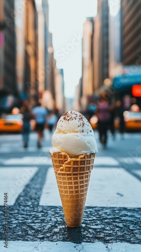 Enjoying soft serve ice cream on a busy street in the heart of the city